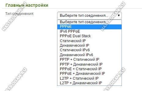Выбор типа подключения (статический IP, DHCP, PPPoE)