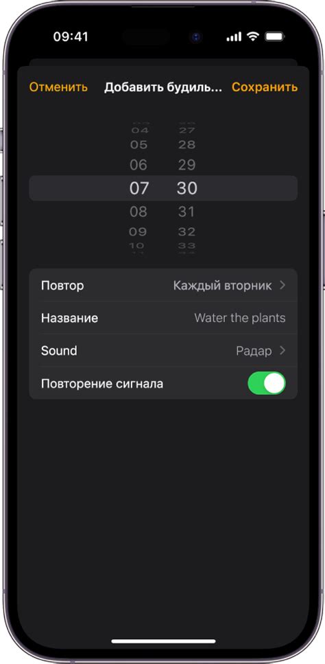 Установите время и другие настройки будильника